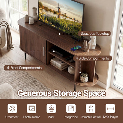 Fluted TV Stand for TVs up to 60" Mid Century Curved Entertainment Center-Walnut