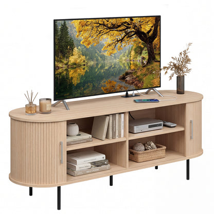 Fluted TV Stand for TVs up to 60" Mid Century Curved Entertainment Center-Natural