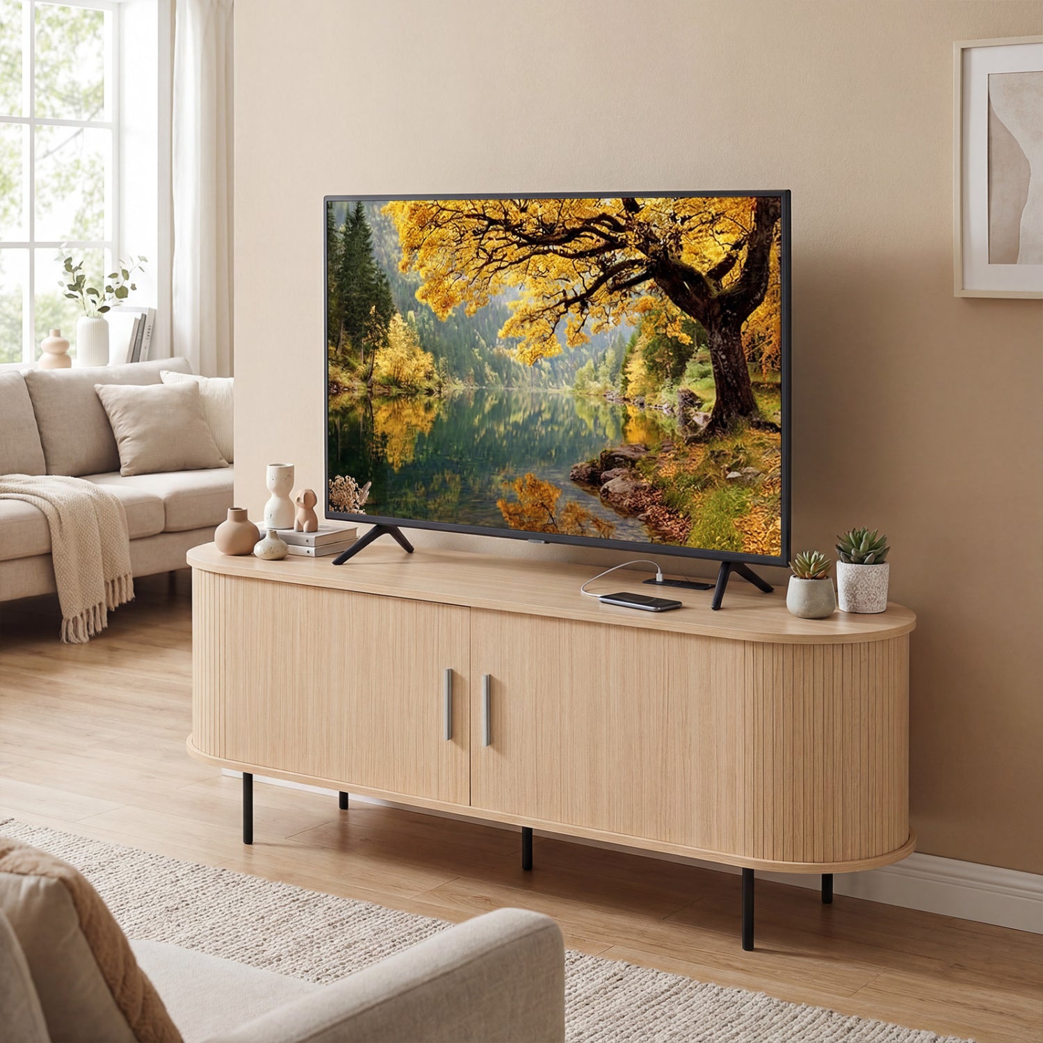 Fluted TV Stand for TVs up to 60" Mid Century Curved Entertainment Center-Natural