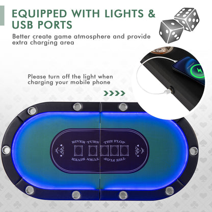 Foldable 10-Player Poker Table with LED Lights and USB Ports Ideal for Texas Casino-Green
