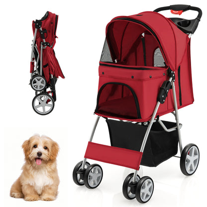 Folding Pet Stroller with Storage Basket and Adjustable Canopy-Beige - Red