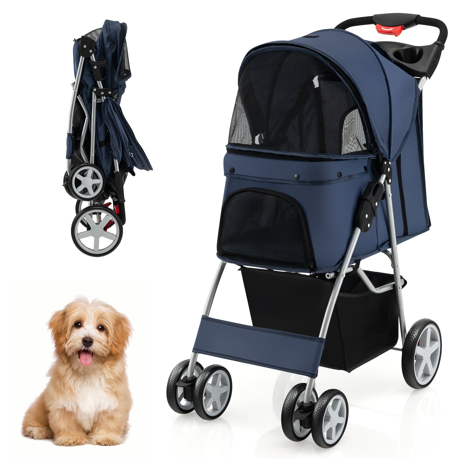 Folding Pet Stroller with Storage Basket and Adjustable Canopy-Beige - Navy
