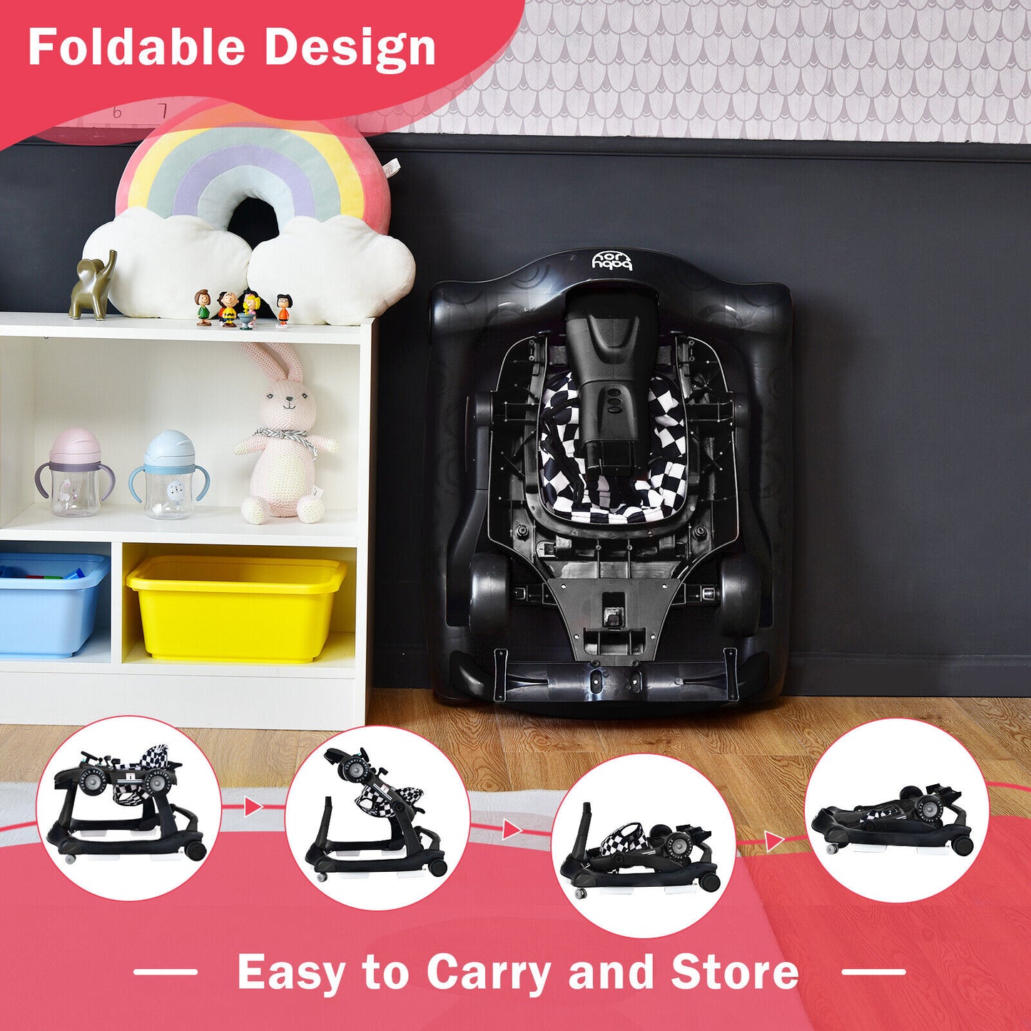4-in-1 Foldable Activity Push Walker with Adjustable Height-Green - Black