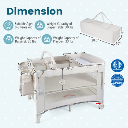 Foldable Baby Bassinet with 4 Adjustable Heights Changing Table and Mattress-Gray - Beige