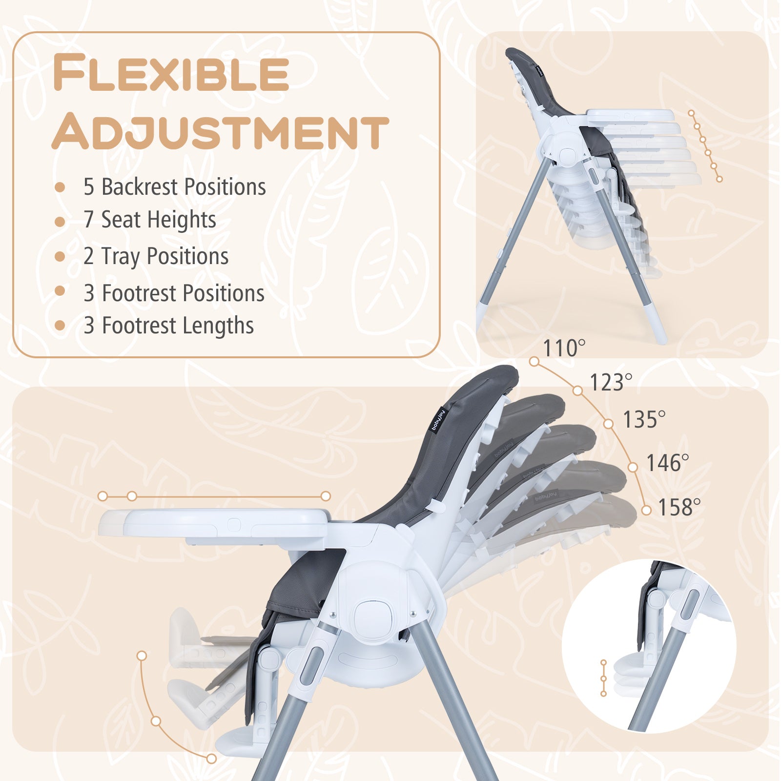 Foldable Baby High Chair with Adjustable Height and Relining Seat-Dark Gray
