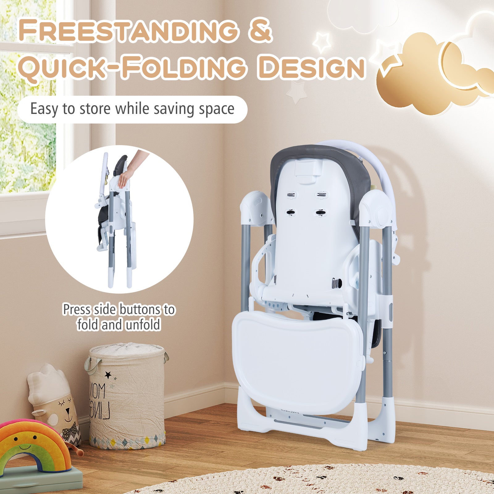 Foldable Baby High Chair with Adjustable Height and Relining Seat-Dark Gray