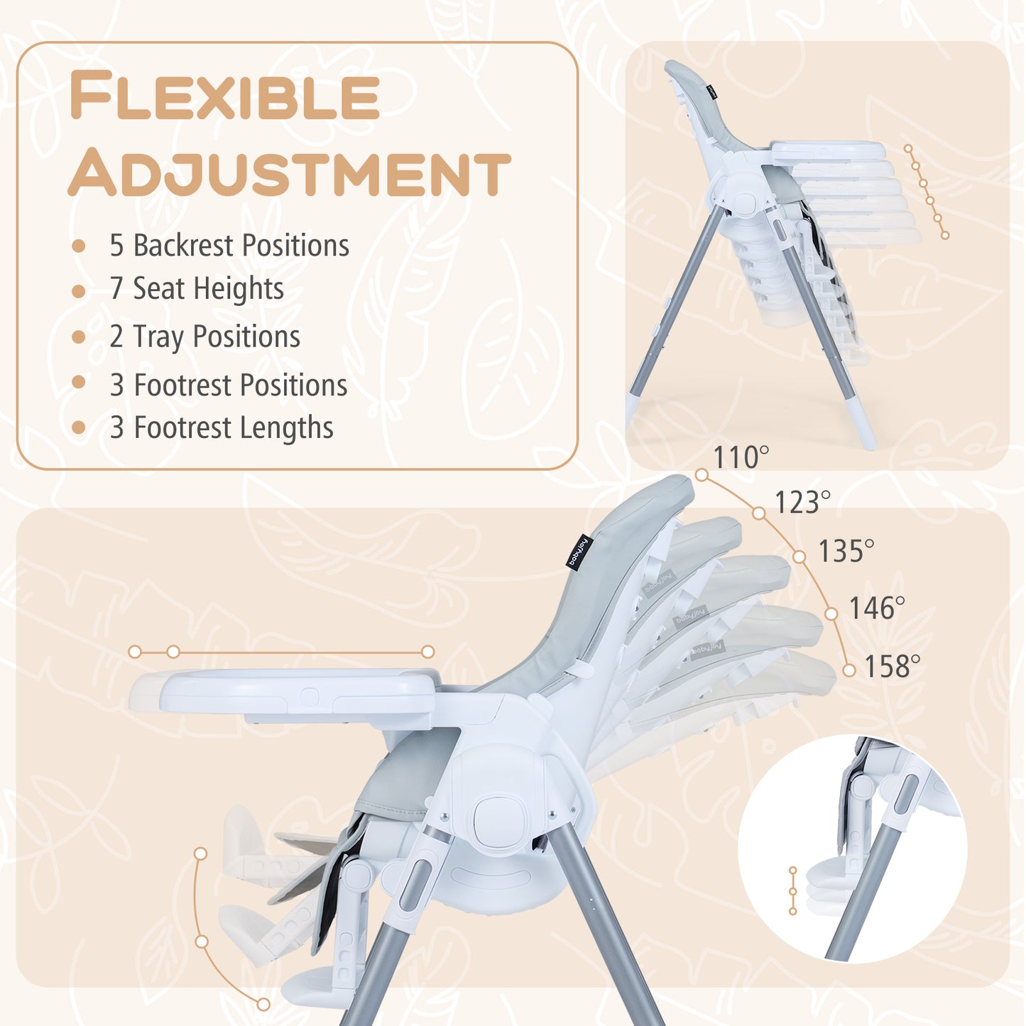 Foldable Baby High Chair with Adjustable Height and Relining Seat-Light Gray