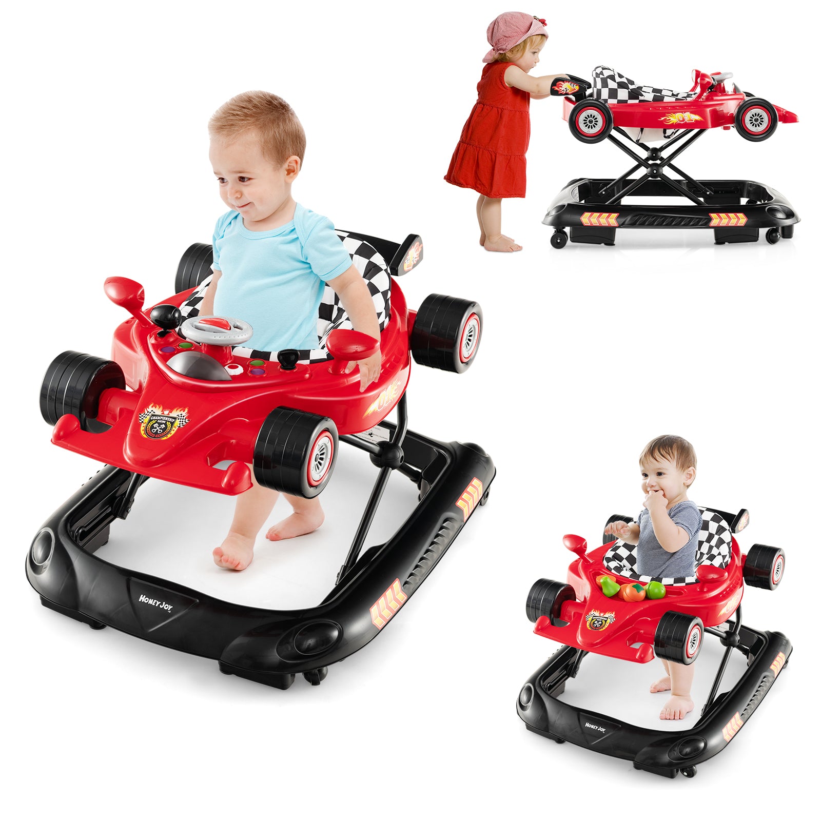 Convertible Baby Walker with 3 Adjustable Height Settings-Red - Red