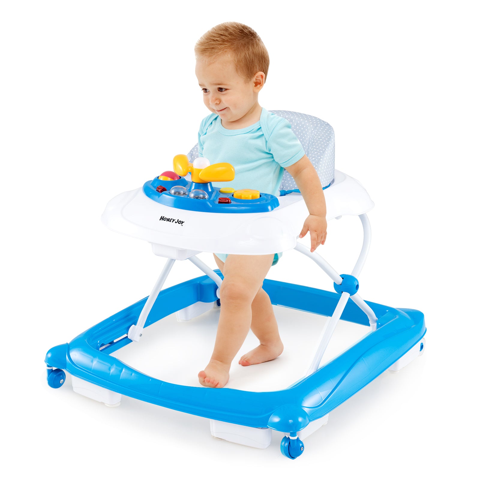 Foldable Baby Walker with 3 Adjustable Heights and Padded Seat-Blue