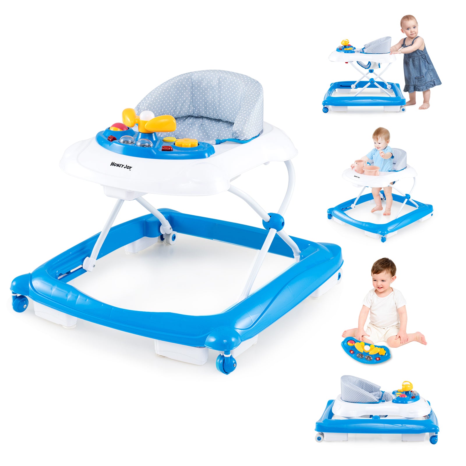 Foldable Baby Walker with 3 Adjustable Heights and Padded Seat-Blue