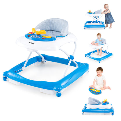 Foldable Baby Walker with 3 Adjustable Heights and Padded Seat-Blue