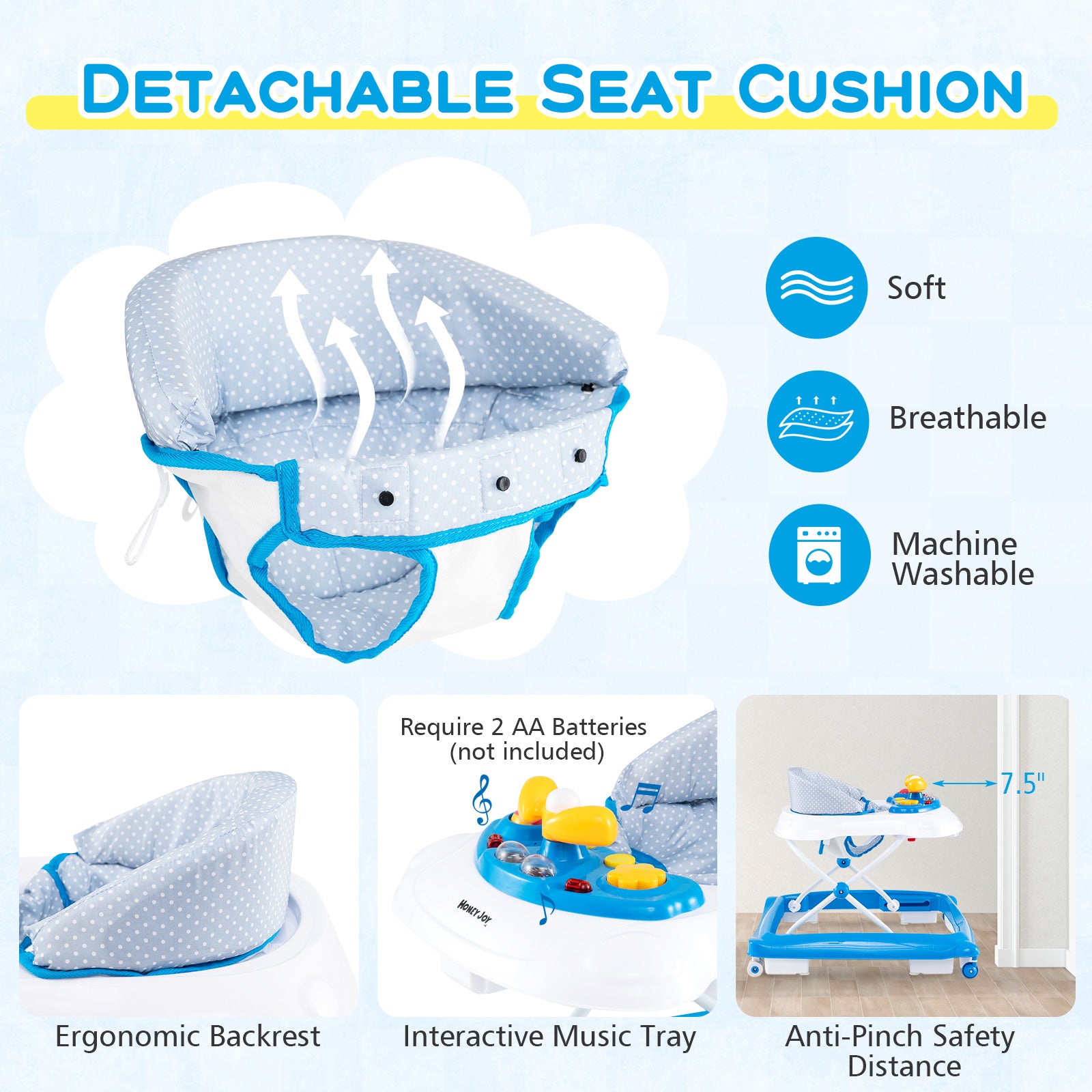 Foldable Baby Walker with 3 Adjustable Heights and Padded Seat-Blue