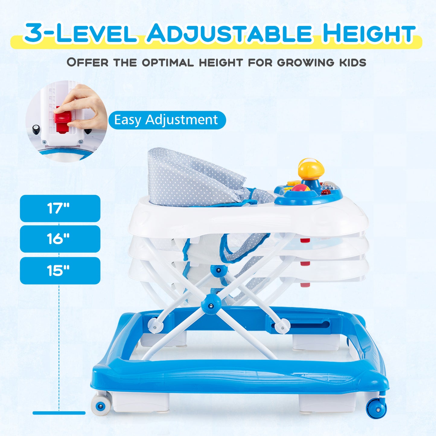 Foldable Baby Walker with 3 Adjustable Heights and Padded Seat-Blue