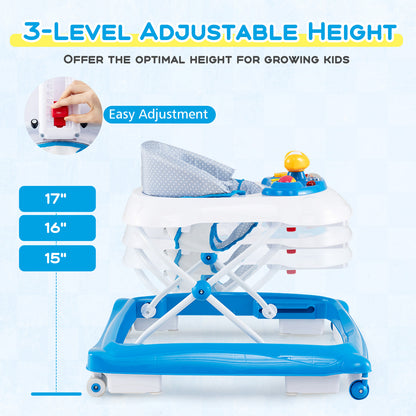 Foldable Baby Walker with 3 Adjustable Heights and Padded Seat-Blue