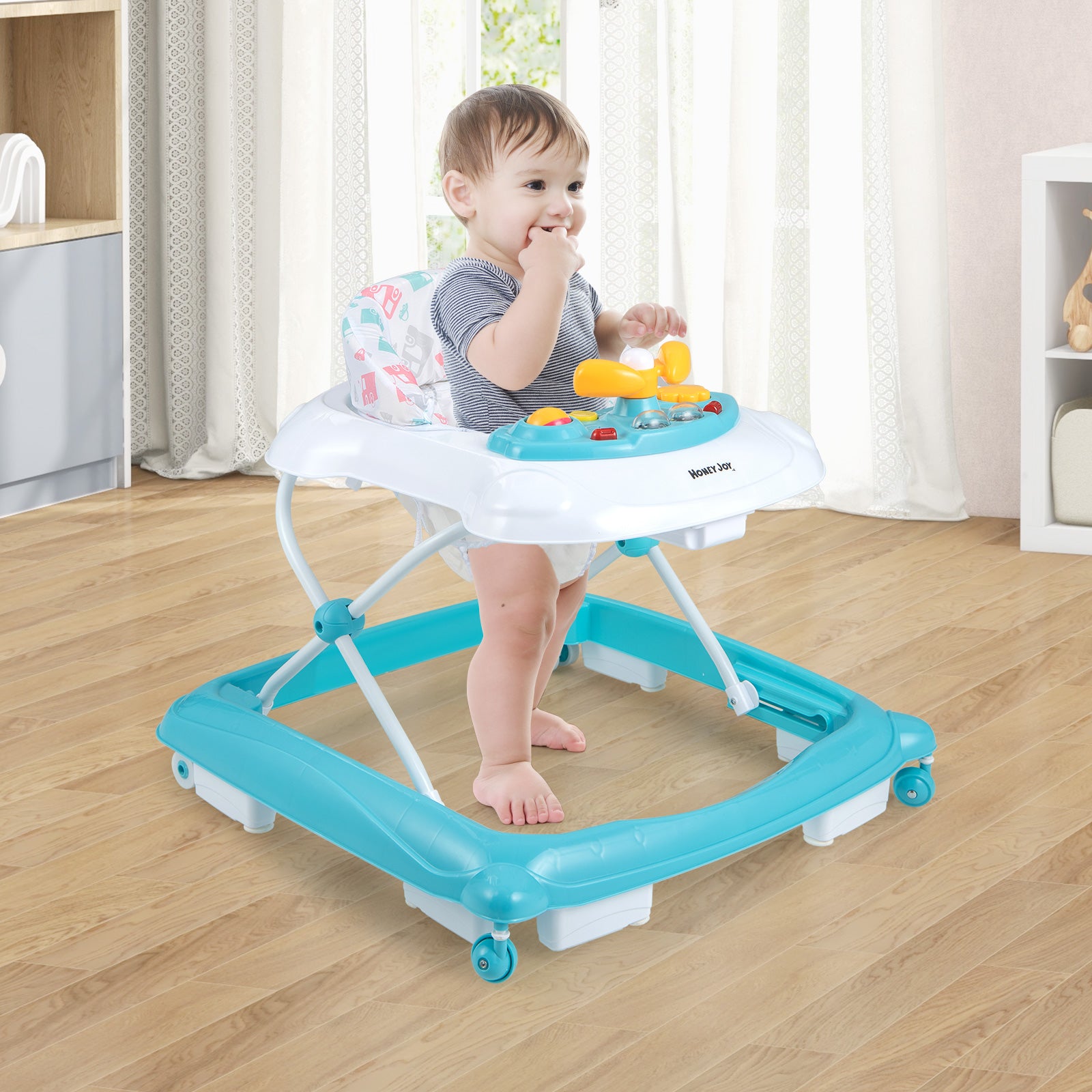 Foldable Baby Walker with 3 Adjustable Heights and Padded Seat-Green
