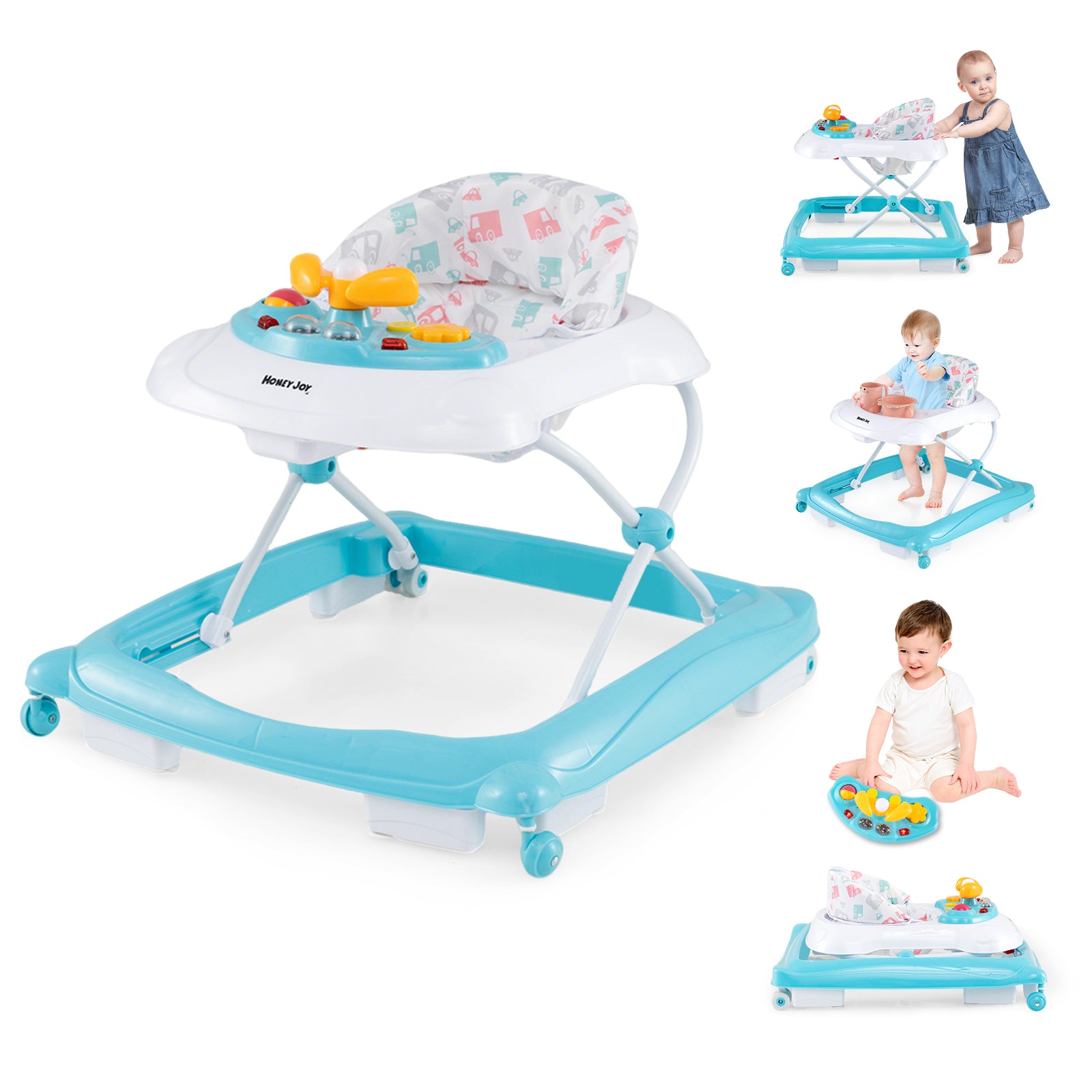 Foldable Baby Walker with 3 Adjustable Heights and Padded Seat-Green