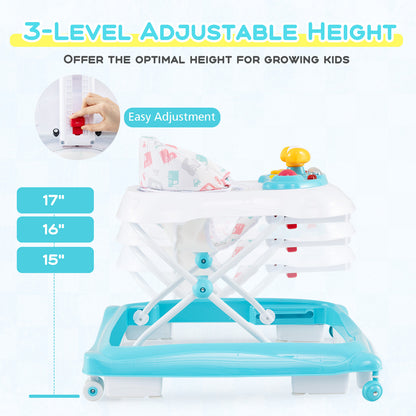 Foldable Baby Walker with 3 Adjustable Heights and Padded Seat-Green