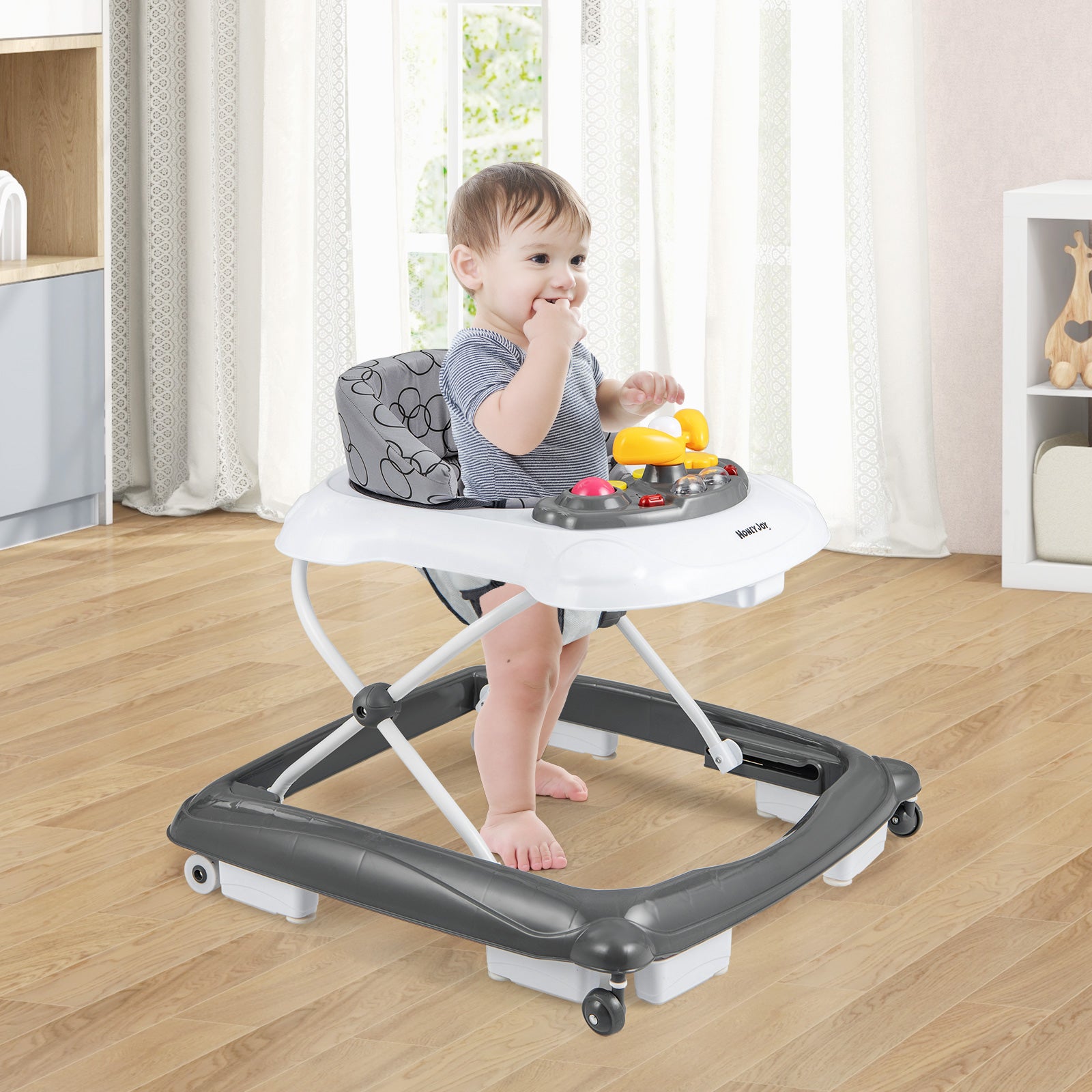 Foldable Baby Walker with 3 Adjustable Heights and Padded Seat-Gray