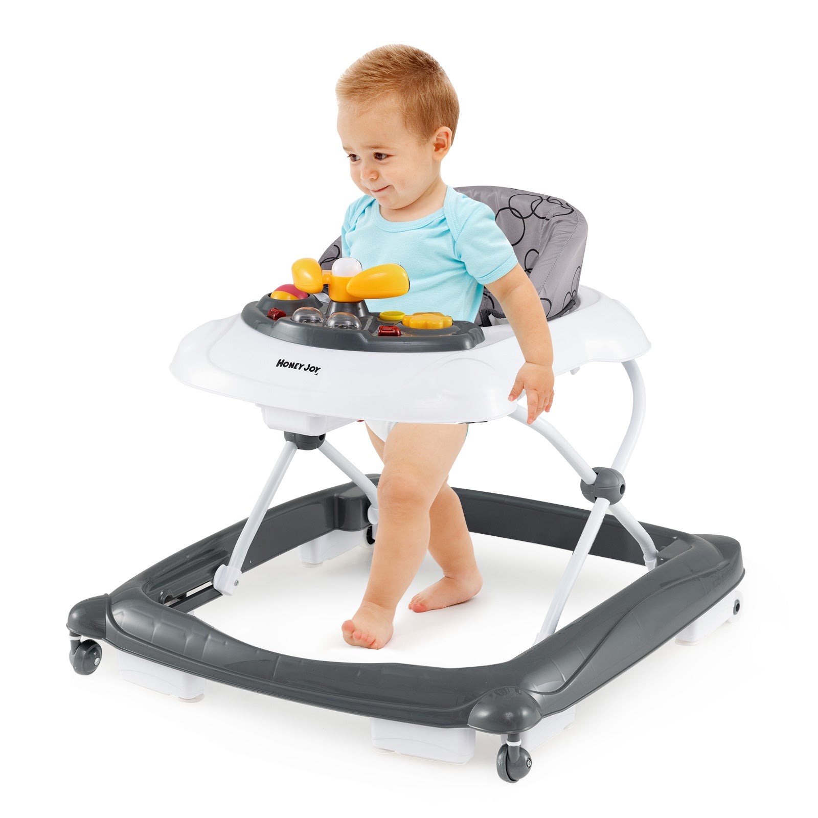 Foldable Baby Walker with 3 Adjustable Heights and Padded Seat-Gray