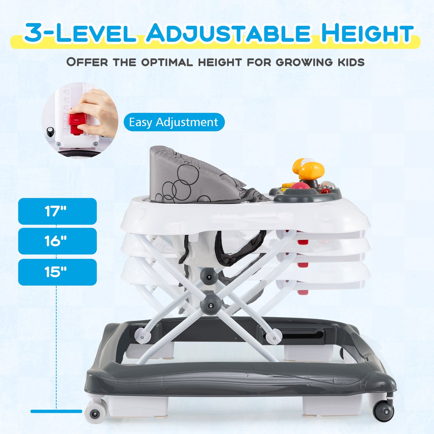 Foldable Baby Walker with 3 Adjustable Heights and Padded Seat-Gray
