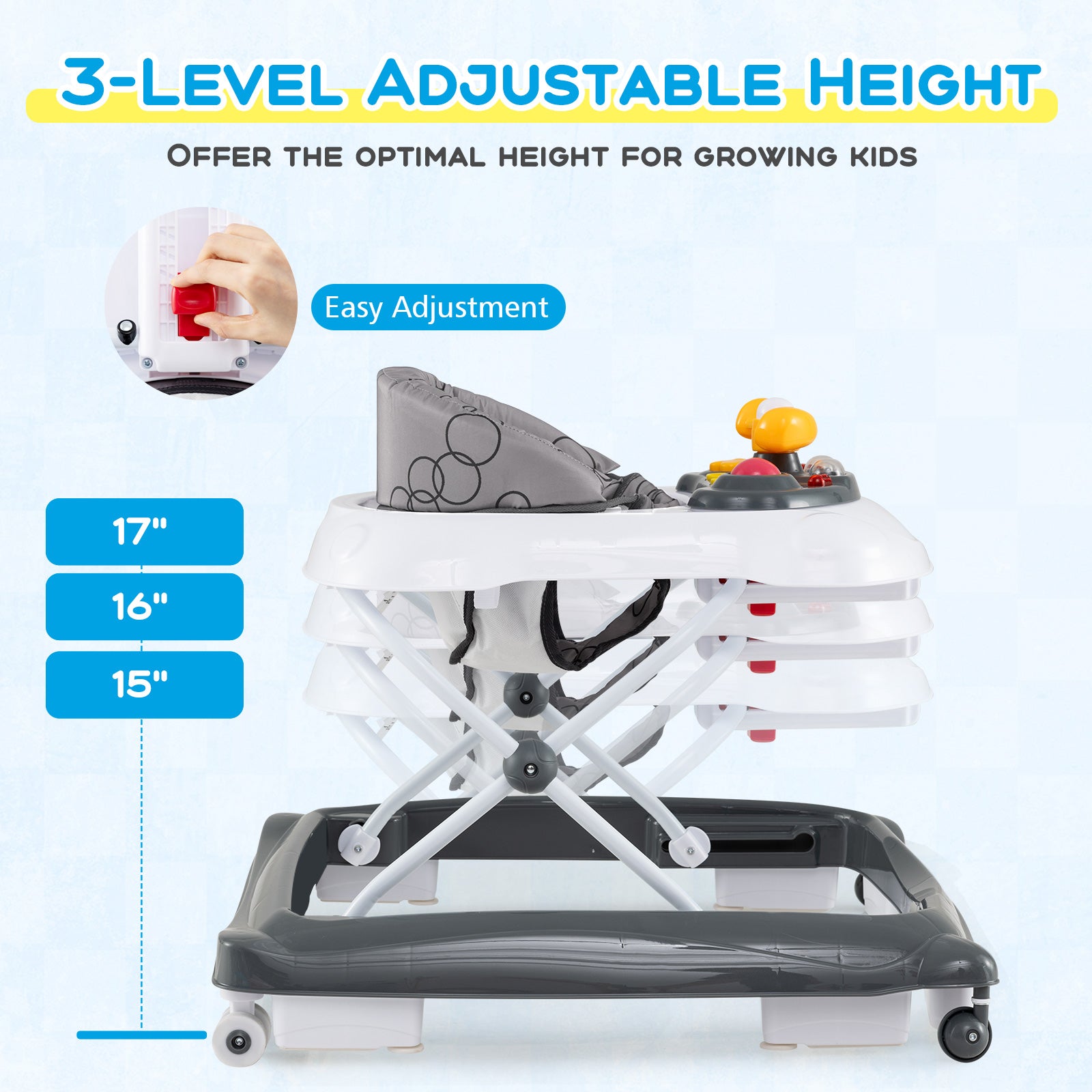 Foldable Baby Walker with 3 Adjustable Heights and Padded Seat-Gray
