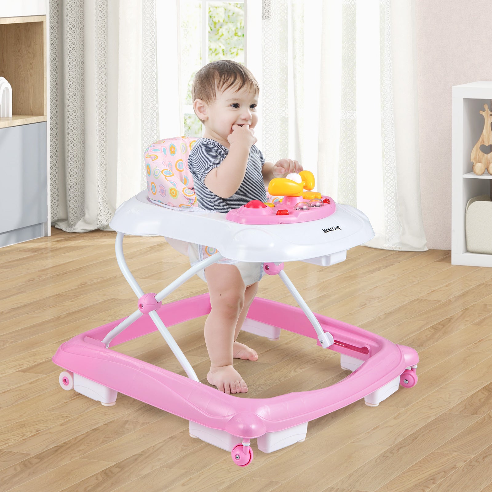 Foldable Baby Walker with 3 Adjustable Heights and Padded Seat-Pink