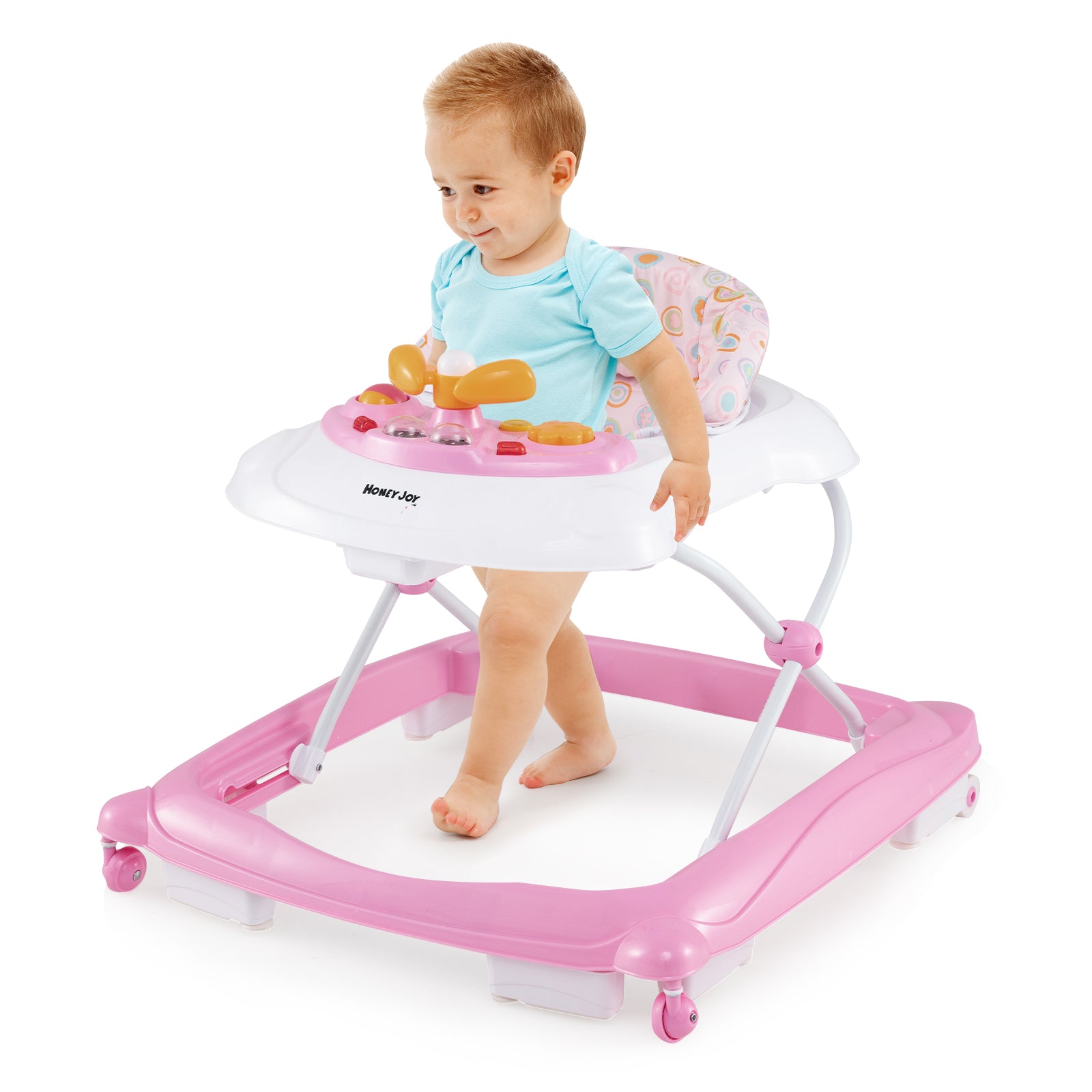 Foldable Baby Walker with 3 Adjustable Heights and Padded Seat-Pink