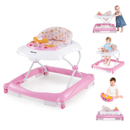 Foldable Baby Walker with 3 Adjustable Heights and Padded Seat-Pink