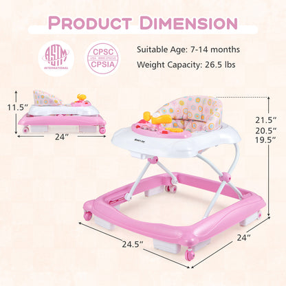 Foldable Baby Walker with 3 Adjustable Heights and Padded Seat-Pink