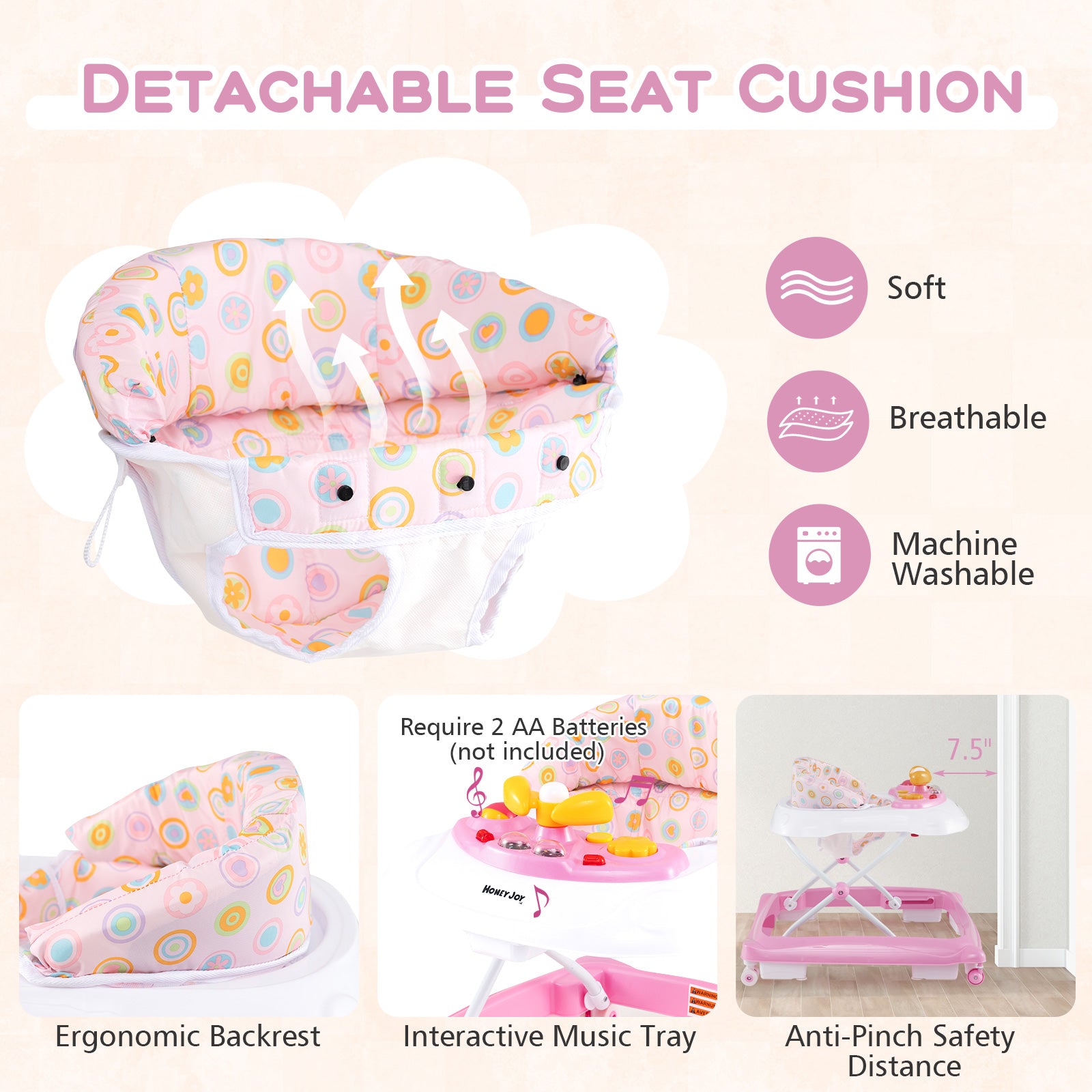 Foldable Baby Walker with 3 Adjustable Heights and Padded Seat-Pink