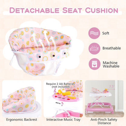 Foldable Baby Walker with 3 Adjustable Heights and Padded Seat-Pink