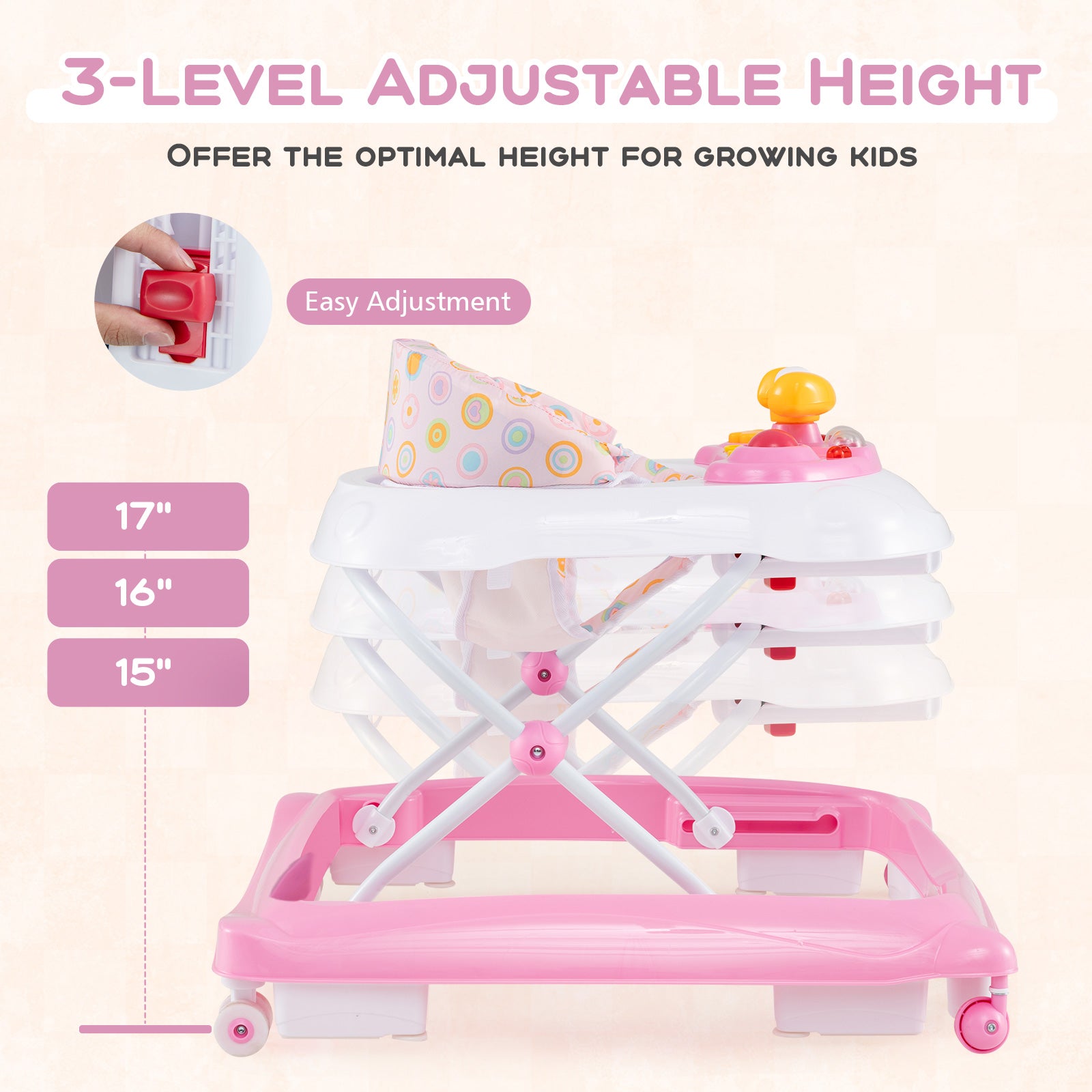 Foldable Baby Walker with 3 Adjustable Heights and Padded Seat-Pink