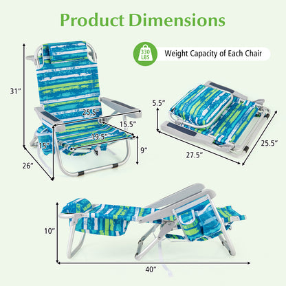1 Piece Foldable Backpack Beach Chair with Cup Holder and Storage Pockets for Outdoor-Blue and Green - Blue And Green