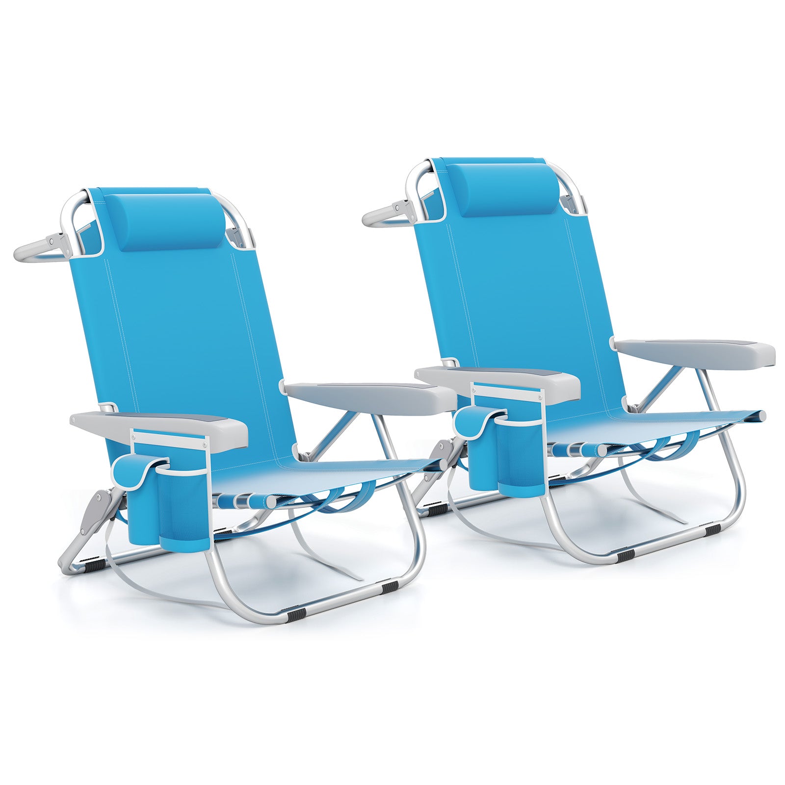 Foldable Backpack Beach Chair with Cup Holder and Storage Pockets Set of 2-Blue - Blue