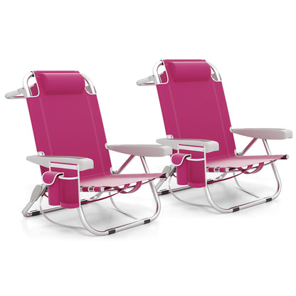 Foldable Backpack Beach Chair with Cup Holder and Storage Pockets Set of 2-Blue - Pink