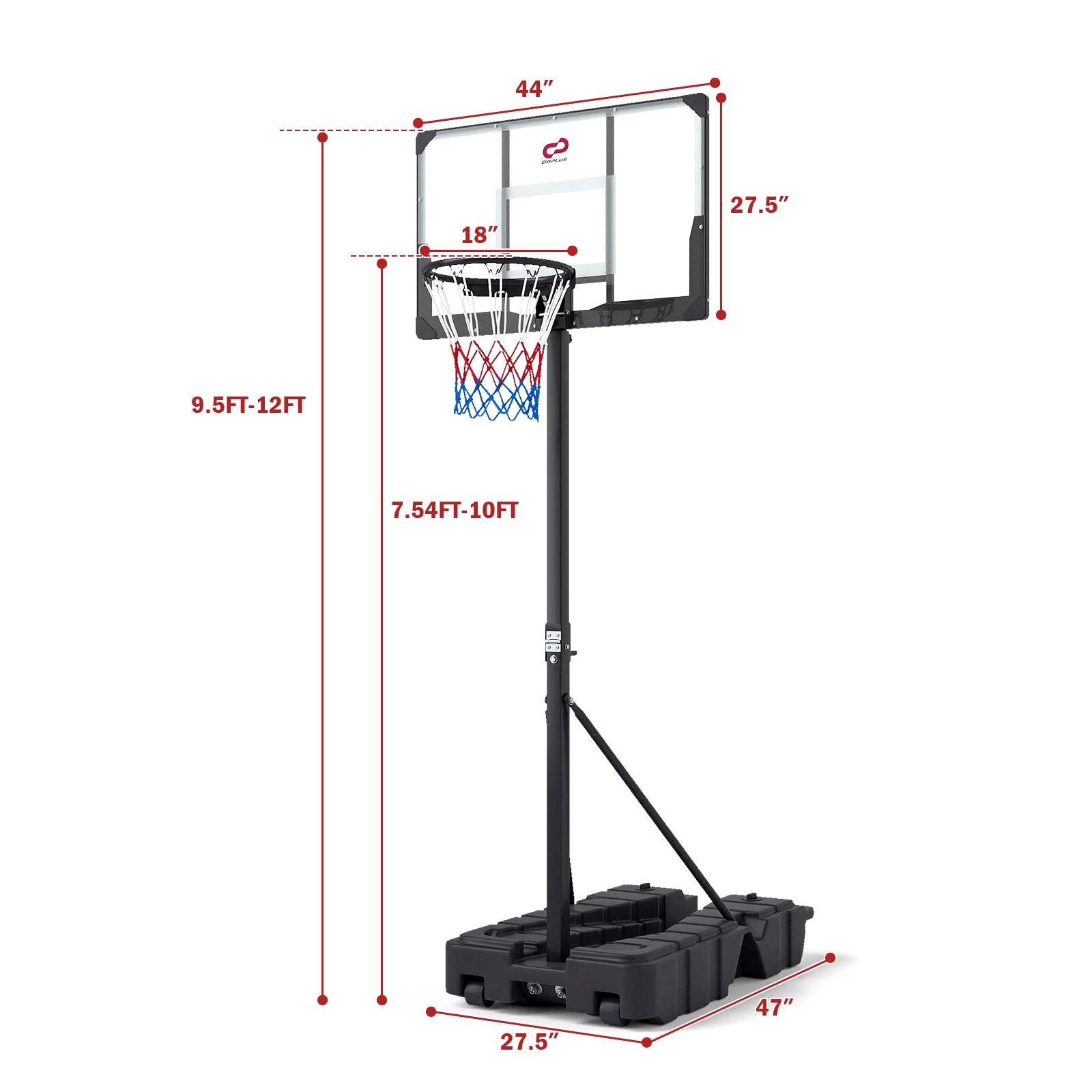 Foldable Basketball Hoop 7.54-10 ft Stepless Adjustable with PC Backboard