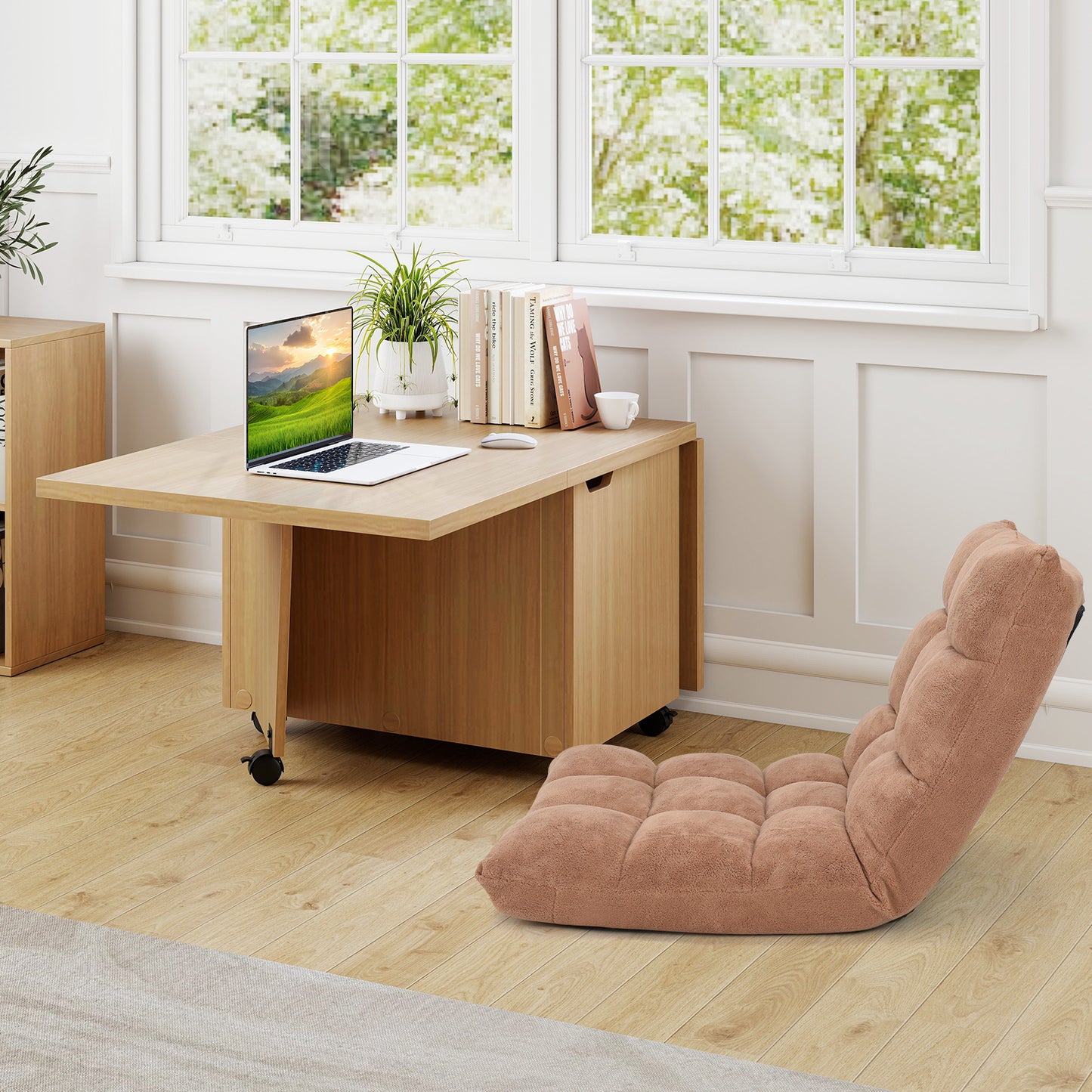 Foldable Coffee Table with Storage Cabinet Extendable Center Table-Oak