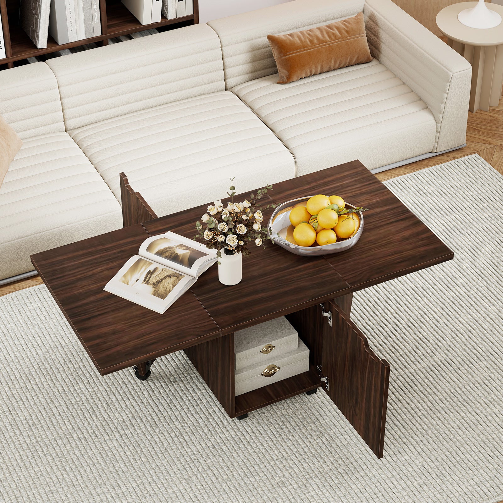 Foldable Coffee Table with Storage Cabinet Extendable Center Table-Walnut