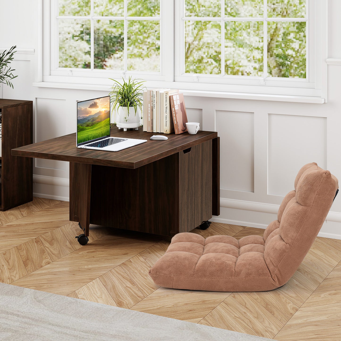 Foldable Coffee Table with Storage Cabinet Extendable Center Table-Walnut