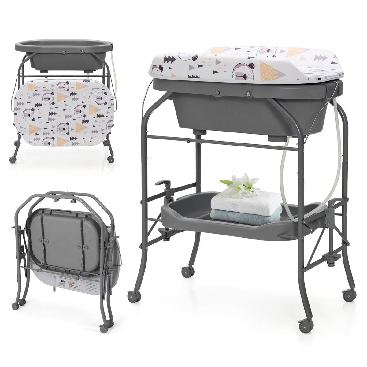 Foldable Diaper Changing Table on Wheels with Bathtub for 0-12 Months Old Babies and Infants