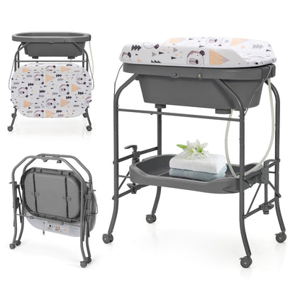 Foldable Diaper Changing Table on Wheels with Bathtub for 0-12 Months Old Babies and Infants
