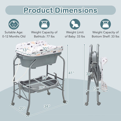 Foldable Diaper Changing Table on Wheels with Bathtub for 0-12 Months Old Babies and Infants
