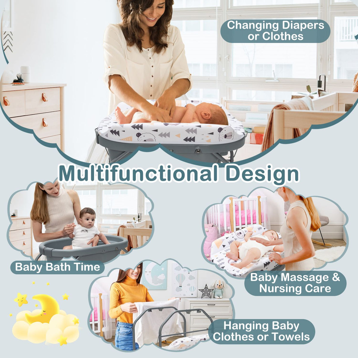 Foldable Diaper Changing Table on Wheels with Bathtub for 0-12 Months Old Babies and Infants