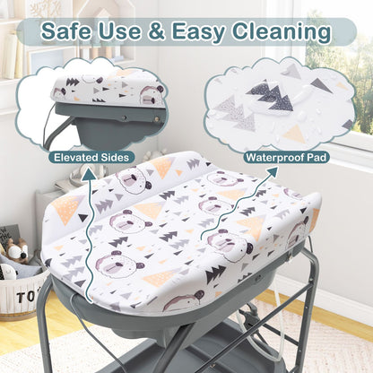 Foldable Diaper Changing Table on Wheels with Bathtub for 0-12 Months Old Babies and Infants