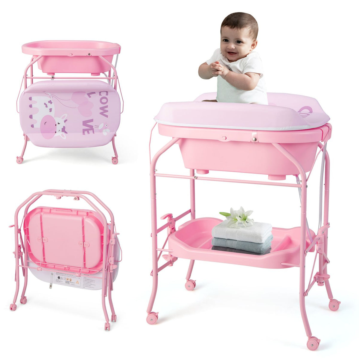 Foldable Diaper Changing Table on Wheels with Bathtub for 0-12 Months Old Babies and Infants