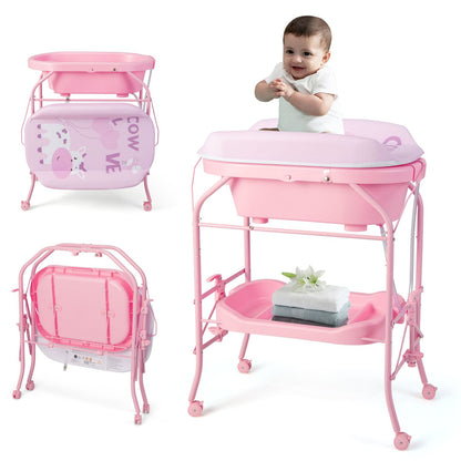 Foldable Diaper Changing Table on Wheels with Bathtub for 0-12 Months Old Babies and Infants