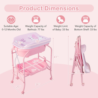 Foldable Diaper Changing Table on Wheels with Bathtub for 0-12 Months Old Babies and Infants