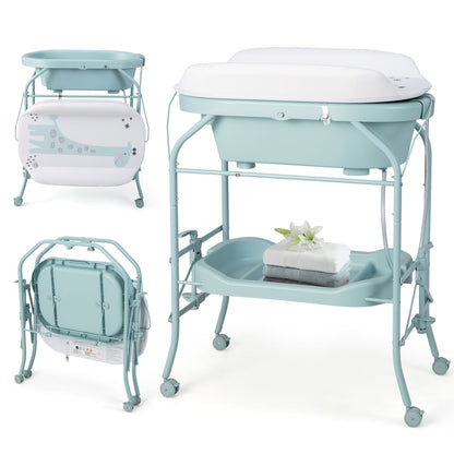 Foldable Diaper Changing Table on Wheels with Bathtub for 0-12 Months Old Babies and Infants