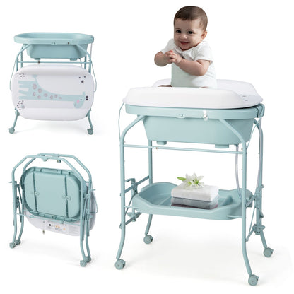 Foldable Diaper Changing Table on Wheels with Bathtub for 0-12 Months Old Babies and Infants