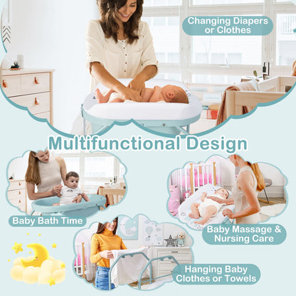 Foldable Diaper Changing Table on Wheels with Bathtub for 0-12 Months Old Babies and Infants